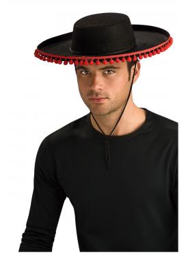 Kırmızı Ponponlu Siyah Renk Yetişkin İspanyol Şapkası