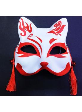 Kırmızı Püsküllü Boncuklu Beyaz Üzeri Kırmızı Renk Plastik Kedi Maskesi Model 1