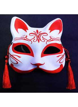 Kırmızı Püsküllü Boncuklu Beyaz Üzeri Kırmızı Renk Plastik Kedi Maskesi Model 2