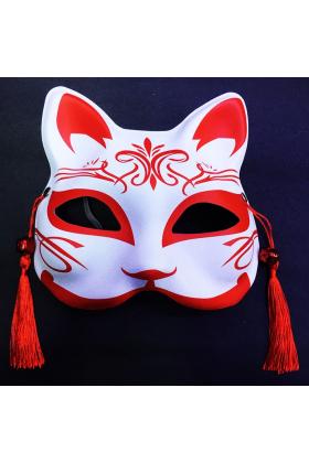 Kırmızı Püsküllü Boncuklu Beyaz Üzeri Kırmızı Renk Plastik Kedi Maskesi Model 2