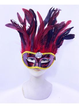 Kırmızı Renk Ekstra Bol Kuş Tüylü Venedik Maskesi 30x19 cm