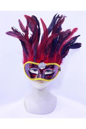 Kırmızı Renk Ekstra Bol Kuş Tüylü Venedik Maskesi 30x19 cm