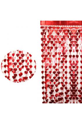 Kırmızı Renk Kalp Şekilli Metalize Saçaklı Arka Fon Perde Dekorasyon