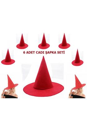 Kırmızı Renk Keçe Cadı Şapkası Yetişkin Çocuk Uyumlu 6 Adet