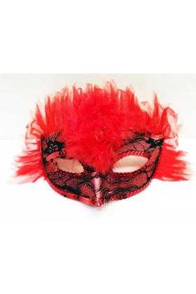 Kırmızı Renk Kırmızı Tüllü Pul İşlemeli Yılbaşı Parti Maskesi
