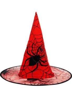 Kırmızı Renk Örümcek Desen Temalı Halloween Cadı Şapkası Büyücü Şapkası