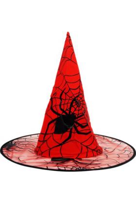 Kırmızı Renk Örümcek Desen Temalı Halloween Cadı Şapkası Büyücü Şapkası
