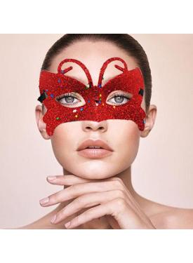 Kırmızı Renk Simli Kelebek Kostüm Partisi Maskesi 10x13 cm