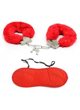 Kırmızı Renk Tüylü Otrişli Anahtarlı Peluş Kelepçe ve Kırmızı Uyku Bandı Seti