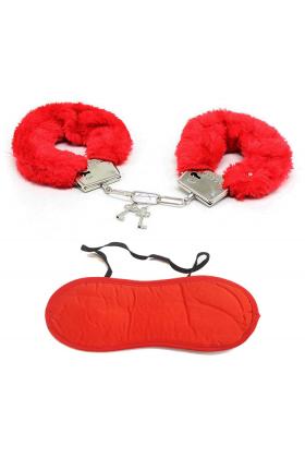 Kırmızı Renk Tüylü Otrişli Anahtarlı Peluş Kelepçe ve Kırmızı Uyku Bandı Seti