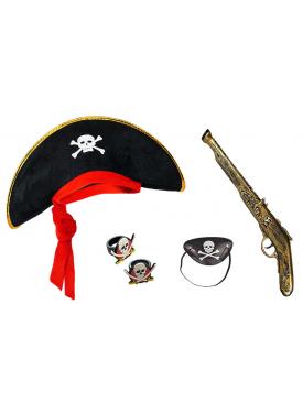Korsan Şapkası + Tabanca + Maske + 2 Adet Yüzük Kostüm Seti Çocuk