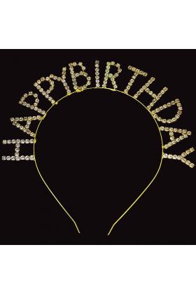 Kristal Taşlı Altın Renk Happy Birthday Doğum Günü Tacı 16x17 cm