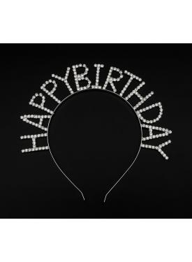 Kristal Taşlı Gümüş Renk Happy Birthday Doğum Günü Tacı