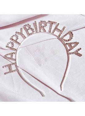 Kristal Taşlı Happy Birthday Doğum Günü Tacı Rose Gold 16x17 cm