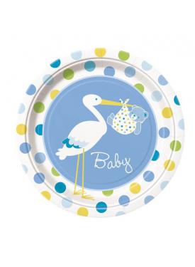 Leylek Temalı Mavi Renk Erkek Baby Boy Stork Baby Shower Parti Tabağı 8 Adet