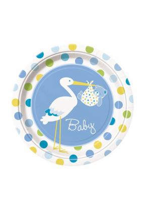 Leylek Temalı Mavi Renk Erkek Baby Boy Stork Baby Shower Parti Tabağı 8 Adet