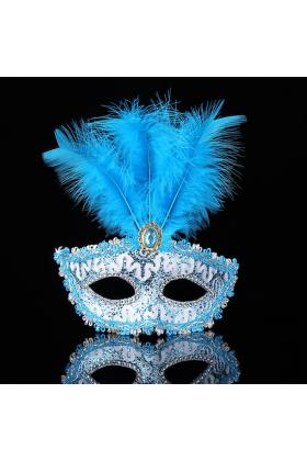 Mavi Dantel İşlemeli Mavi Tüylü Balo Parti Maskesi 17x20 cm