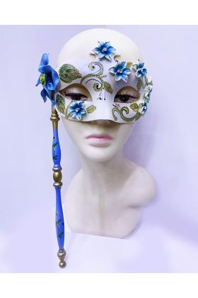 Mavi Renk Çiçek İşlemeli Tutmalı Venedik Göz Maskesi 33x17 cm