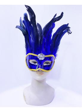 Mavi Renk Ekstra Bol Kuş Tüylü Sarı Dantelli Venedik Maskesi 30x19 cm
