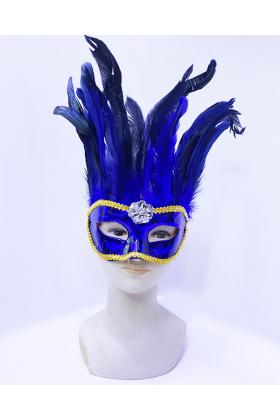 Mavi Renk Ekstra Bol Kuş Tüylü Sarı Dantelli Venedik Maskesi 30x19 cm