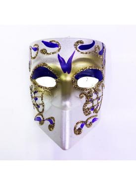 Mavi Renk İşlemeli Seramik Malzeme Tam Yüz Venedik Maske Magnet 4x5 cm