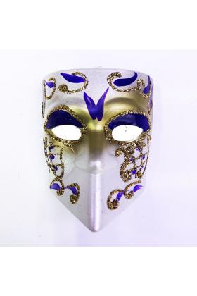 Mavi Renk İşlemeli Seramik Malzeme Tam Yüz Venedik Maske Magnet 4x5 cm