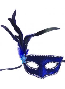 Mavi Renk Kumaş Kaplama Yandan Tüylü Yılbaşı Parti Maskesi