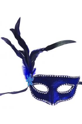 Mavi Renk Kumaş Kaplama Yandan Tüylü Yılbaşı Parti Maskesi