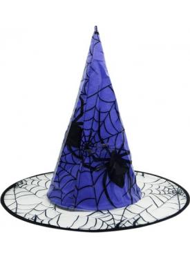 Mavi Renk Örümcek Desen Temalı Halloween Cadı Şapkası Büyücü Şapkası