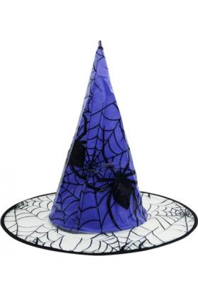 Mavi Renk Örümcek Desen Temalı Halloween Cadı Şapkası Büyücü Şapkası