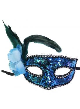 Mavi Renk Yandan Tüylü Pullu Yılbaşı Parti Maskesi