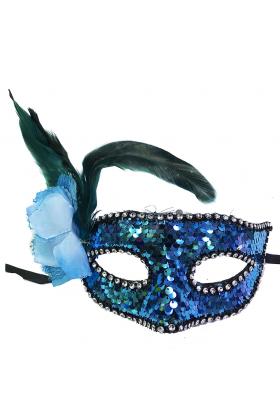 Mavi Renk Yandan Tüylü Pullu Yılbaşı Parti Maskesi
