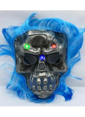 Mavi Saçlı Led Işıklı Kuru Kafa İskelet Korku Maskesi 22x25 cm
