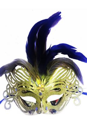 Metalize Altın Renk Tüylü Lüks Venedik Parti Balo Maskesi