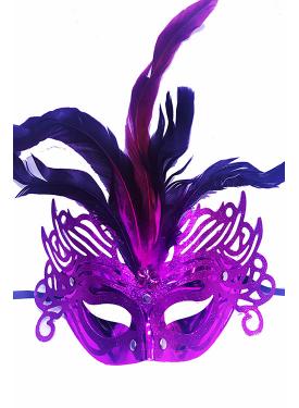 Metalize Fuşya Renk Tüylü Lüks Venedik Parti Balo Maskesi