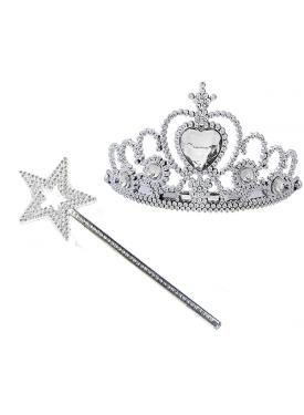 Metalize Gümüş Kalp Prenses Tacı ve Metalize Prenses Yıldız Asa