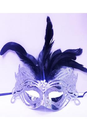 Metalize Gümüş Renk Tüylü Lüks Venedik Parti Balo Maskesi
