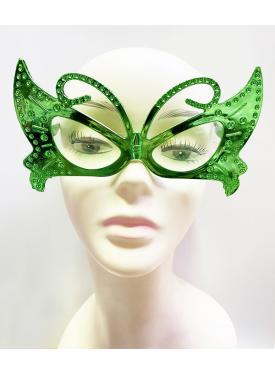 Metalize Kelebek Şekilli Parlak Parti Gözlüğü Yeşil Renk 15x9 cm
