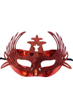 Metalize Kırmızı Renk Simli Geyik Balo Parti Maskesi 15x23 cm