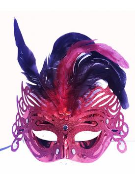 Metalize Kırmızı Renk Tüylü Lüks Venedik Parti Balo Maskesi