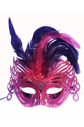 Metalize Kırmızı Renk Tüylü Lüks Venedik Parti Balo Maskesi