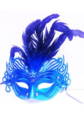 Metalize Mavi Renk Tüylü Lüks Venedik Parti Balo Maskesi