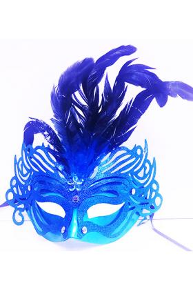 Metalize Mavi Renk Tüylü Lüks Venedik Parti Balo Maskesi