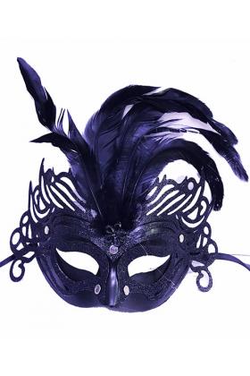 Metalize Siyah Renk Tüylü Lüks Venedik Parti Balo Maskesi