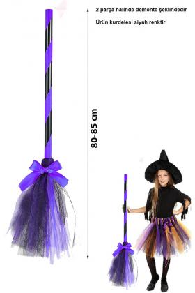 Mor Cadı Süpürgesi - Halloween Siyah Fiyonklu Tüllü Cadı Süpürgesi 80-85 cm