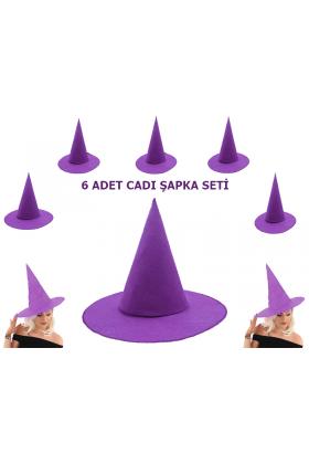 Mor Renk Keçe Cadı Şapkası Yetişkin Çocuk Uyumlu 6 Adet