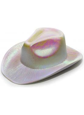 Neon Hologramlı Kovboy Model Parti Şapkası Beyaz Yetişkin 39X36X14 cm