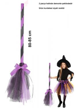 Pembe Cadı Süpürgesi - Halloween Siyah Fiyonklu Tüllü Cadı Süpürgesi 80-85 cm