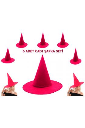 Pembe Fuşya Renk Keçe Cadı Şapkası Yetişkin Çocuk Uyumlu 6 Adet