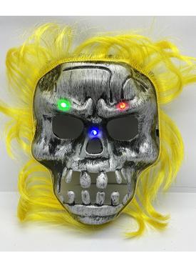 Sarı Saçlı Led Işıklı Kuru Kafa İskelet Korku Maskesi 22x25 cm